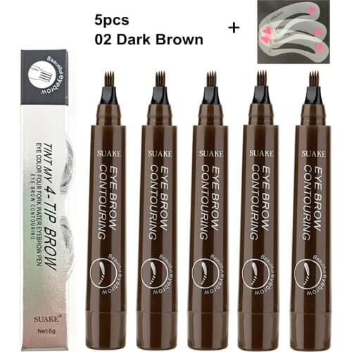 5pcs/set Eyebrow Pen Waterproof 4 Fork Tip Eye brow Tattoo double head Pencil Long Lasting Natural Dark Brown Liquid Brow Pencil