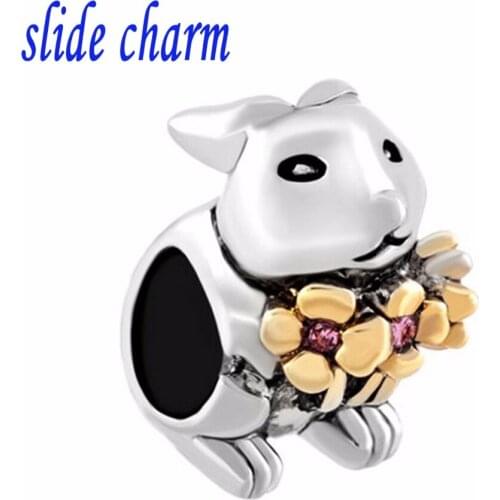 Slide charm Free shipping pink crystal flowers animal bunny charm beads fit Pandora bracelet