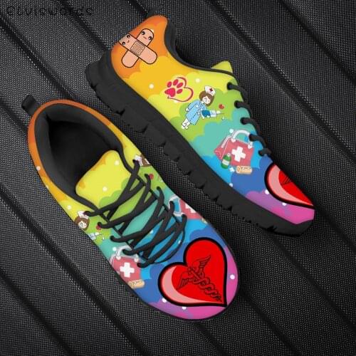 ELVISWORDS Women Fashion Gradient Flats Shoes Cartoon Paramedic Nurse Print Casual Footwear Breathable Mesh Walking Sneakers Hot