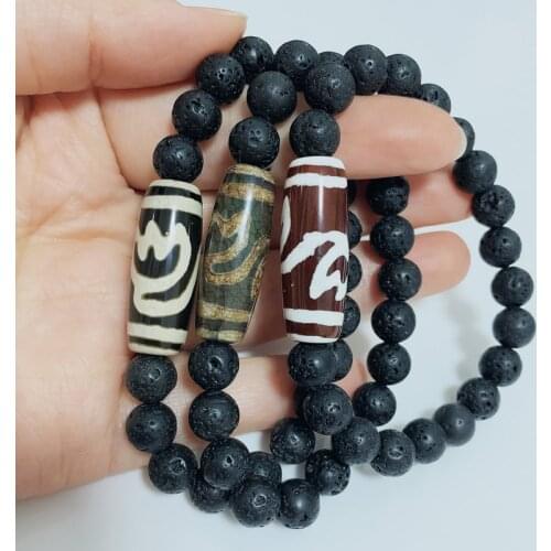 Energy Stone Natural Tibetan Dzi Agates Bracelets Prayer Buddha Jewelry Black Lava Lotus Flower Charm Red Agates Bracelets Male