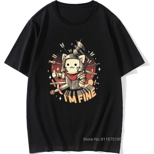 I'm Fine T-shirt Fallout Cat Tshirt Men Vault Boy Tops Tees Kawaii Kitty Fun Cotton Tees Warrior Short Sleeve Funny Shirts
