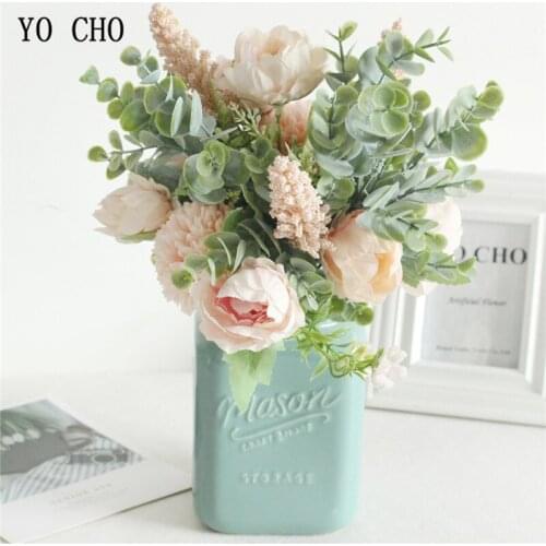 YO CHO Fake Peony Flowers Head Green Leaves Bouquet For Wedding Home Decoration DIY Decorative Artificial Flower Eucylaptus Leaf