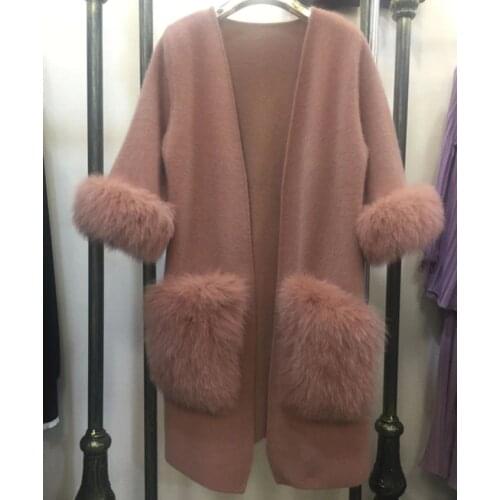 Pure mink cashmere knit fox fur spliced women fashion long cardigan sweater overcoat army green 4color S/M/L