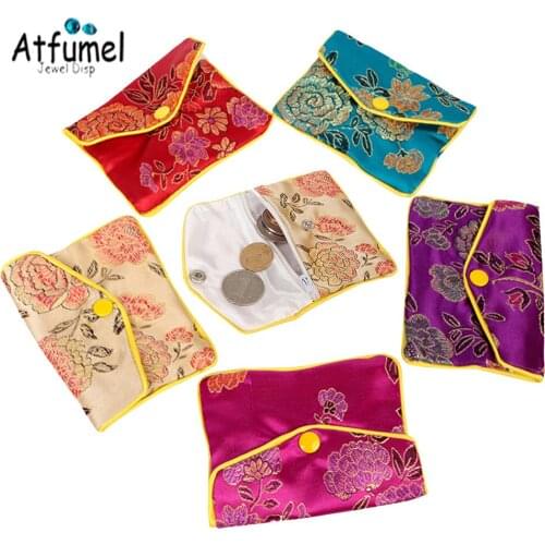 Chinese Brocade Silk Embroidery Zipper Jewelry Storage Pouches Bag Snap Case Satin Coin Card Ring Jewelry Purse Wholesale 10Pcs