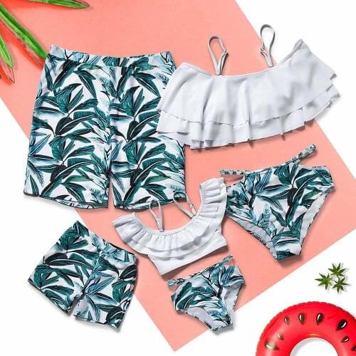 Mother Daughter Family Look Mommy and me Swimsuit 2021 Tropical Leaf High Waist Swimsuit Family Matching Swimwear