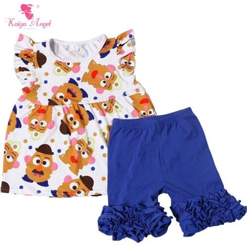 Kaiya Angel Girl Clothes Summer Hot Sale cartoon Kids toddler girl clothes Top Shirts Shorts Suit Royal Ruffle Shorts Clothing