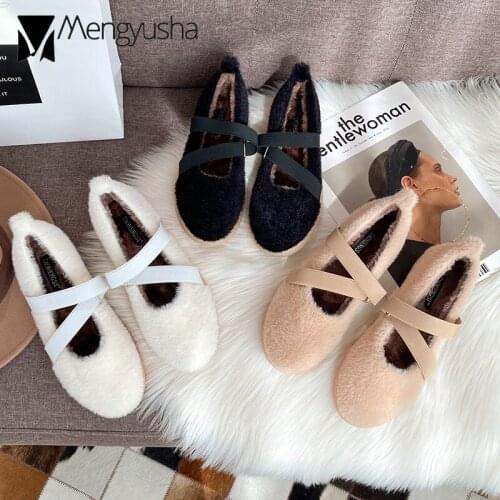 Mules cross elastic band fur flats women slip on loafers with cozy plush ladies round toe white furry moccasins big size 43