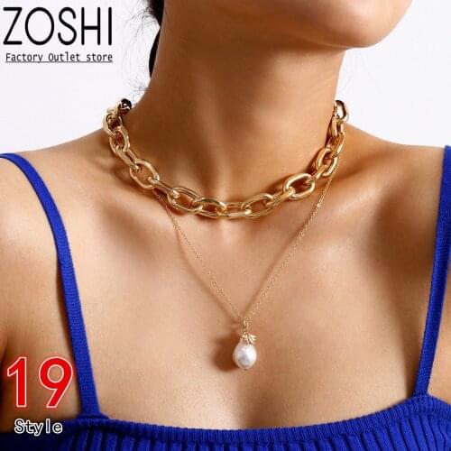 Thick Tennis Square Chain Choker Necklace Womens Fashion Baroque Pearl Pendant Necklace Gold Plated Multi Layer Necklace Set