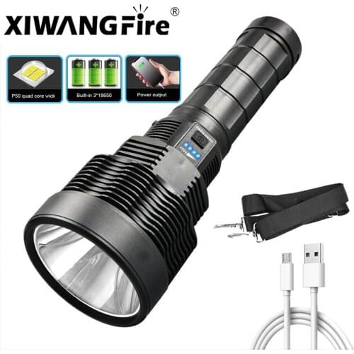 P50 LED strong light flashlight USB rechargeable built-in battery + lanyard flashlight waterproof and shockproof 30W power light