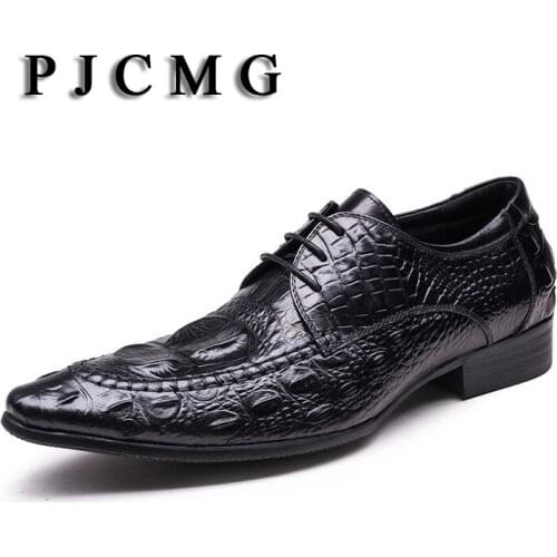 PJCMG Crocodile Grain Black/Wine Red Summer Flats Mens Loafers Lace-Up Wedding Genuine Leather Dress Mens Casual Shoes