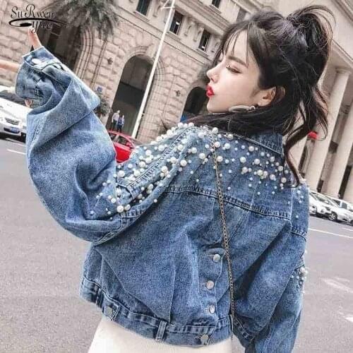 Casual Jeans Bomber Jacket Long Sleeve Denim Coat Korean Plus Autumn New 2021 Chic Pearl Beading Crop Denim Jackets Women 16756