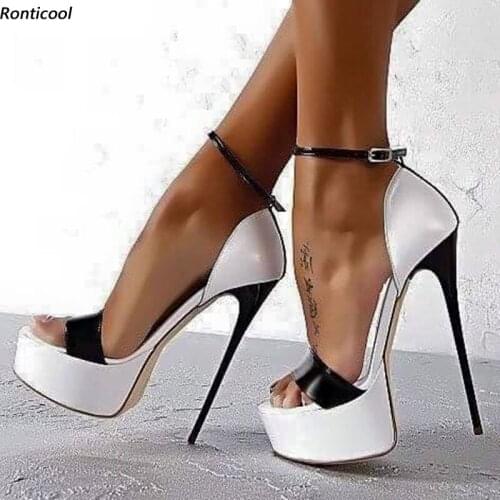 Ronticool 2021 Handmade Women Platform Sandals Unisex Sexy Stiletto High Heels Open Toe Concise White&Black Shoes US Size 5-20