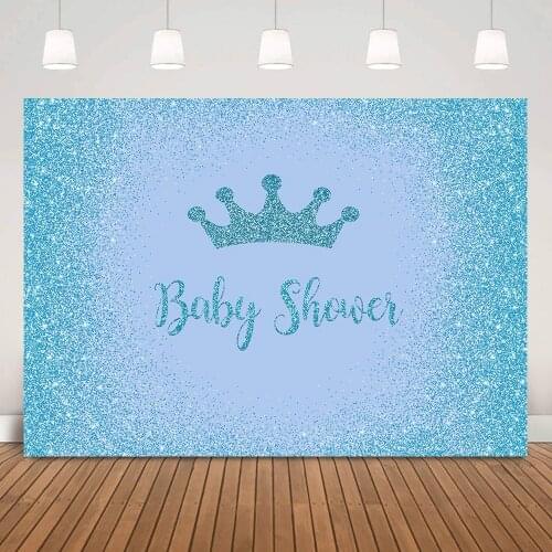 Glitter Blue Baby Shower Background Decorations Shiny Dots Crown Newborn Party Cake Table Photo Backdrop Baby Kids Birthday Prop