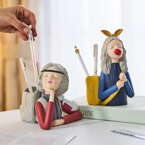 Nordic Resin Cute Girl Bubble Figurine Girls Pen Holder Modern Home Decor Student Desktop Bedroom Storage Decoration Ornaments