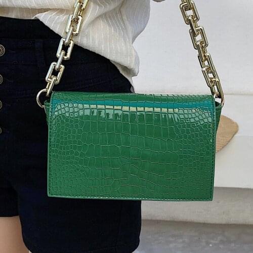 Green Thick Chain Shoulder Bags for Women Luxury Leather Crossbody Bag Crocodile Pattern Messenger Bag Ladies Small Flap Handbag