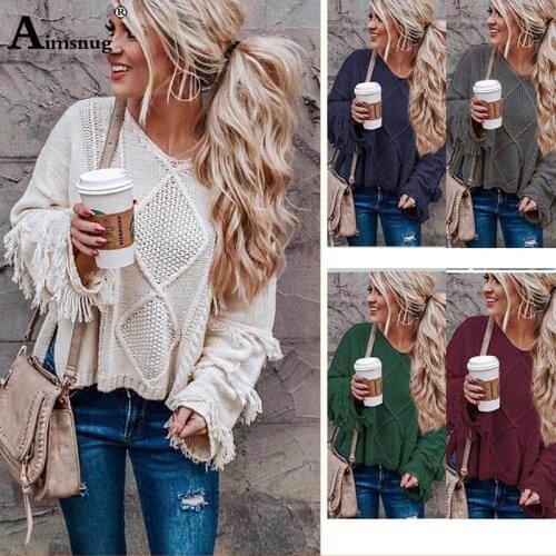 White Blue Leisure Sweater Women Flare Sleeve Tassel Patchwork Loose Sweaters 2019 Casual Autumn Winter Female Knitted Pullovers