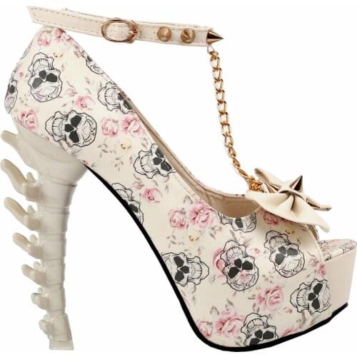 LF80631 Beige Skull Rose Print Studs Chain Peeptoe Bone Heel Pumps Size 4/5/6/7/8/9/10