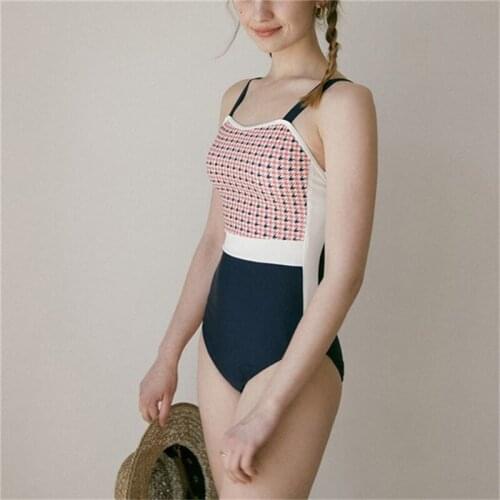 Vintage Houndstooth Print Bodysuit One-piece Swimsuit Women Sexy Backless Patchwork Monokini Swimwear 2021 Beach Bathing Suit