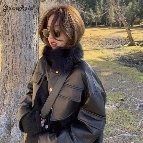 JuneRain 2021 Women Winter New Faux Fox Fur Jacket Female Stand Collar Spliced Long Sleeve Coat Female Casual Loose Outerwear