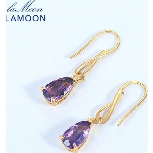 LAMOON 100% Natural Amethyst Drop Earring For Women Concise Style Water Drop 925 Sterling Silver Gold Color Fine Jewelry EI077