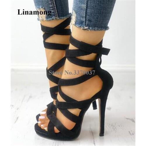 Western Style Women Fashion Open Toe Suede Leather Gladiator Sandals Black Strap Cross High Heel Sandals Dress Shoes Heels