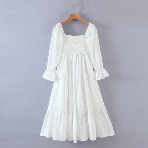 Summer Women Dress For 2021 Solid White Color Elastic Elegant Fashion Long Flare Sleeve Bow Lace Up Casual Female Vestido C2655