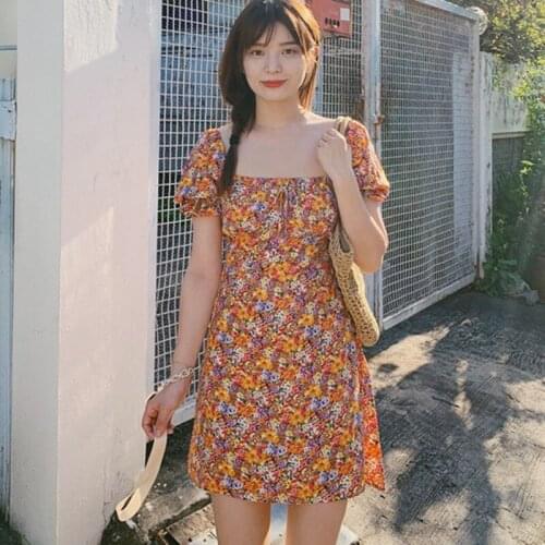 Summer Women Dress Short Sleeve Short Dress Women Square Collar Floral Vintage Dress