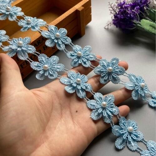 1 yard 3.5cm Blue Pearl Flower Polyester Fabric Lace Trim Ribbon Wedding Embroidered Applique Trimmings Sewing Craft Baby Dress