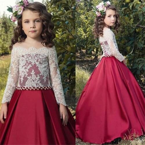 Wine Red Satin Flower Girl Dresses Attend Parties Princess Birthday Party Long sleeve Gown Kids Holy Communion Pageant Dresses