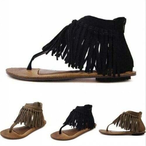 Bohemia Womens Clip Toe Sandals Flat Tassel Suede Fabric Shoes Summer Sandals Fashion Casual Trend