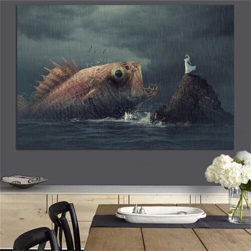 Big size fish and girl canvas vintage poster modern living room decoration wall art painting no frame pictures art prints