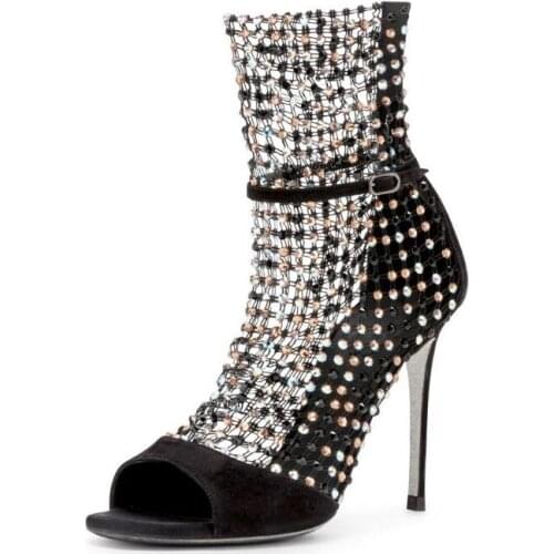 New Arrivals Rhinestone Boots Black Silver Leather Fishing Nets Womens Boots Ankle Crystal Embellished Peep Toe Gladiator Boots