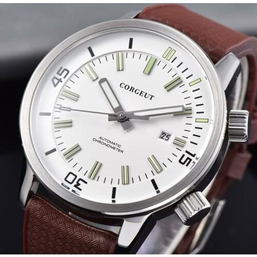 Corgeut 44MM Mens top Luxury Automatic Mechanical Date Men White Dial Rubber Sport Waterproof Watch Luminous Male Clock