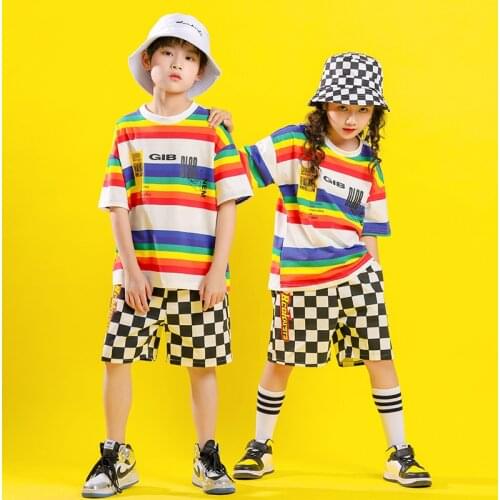 Child Hip Hop Outfits Summer Boys Girls Fashion Loose Short Sleeve Striped T Shirt Plaid Short Jazz Dance Costume Clothes Wear