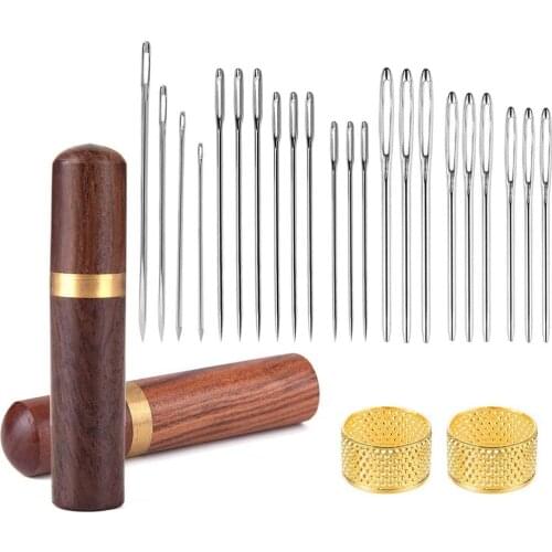 KAOBUY 22pcs Large Eye Stitching Needles Hand Sewing Needles Kit with Wooden Needle Case