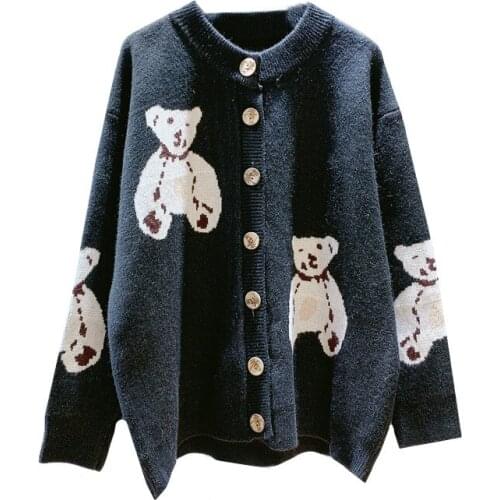 2020 Kawaii Cardigan Women Cute Sweater Coat Cartoon Bear Print Korean Knitwear Girls Sweet Loose Cardigans
