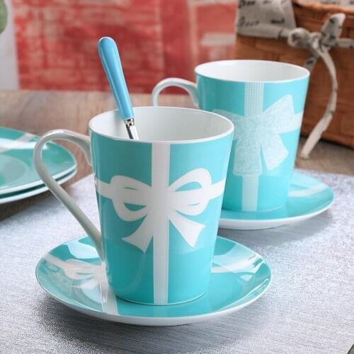 Coffee Mugs Ceramic Milk Tea Cups Blue Bow Gift Box/Bag Packaging Wedding Gifts Birthday Present Eco-Friendly Kitchenware 450ML