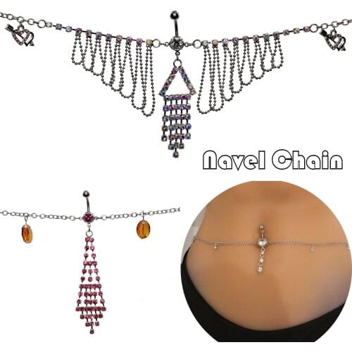 1Pc Stainless Steel Rhinestone Dangle Belly Button Ring With Waist Chain Drop Pendant Navel Piercing Body Jewelry For Women