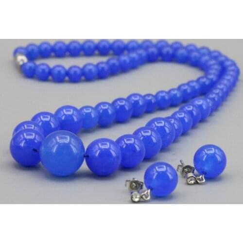 6-14mm Round Bead Blue Chalcedony Stone Tower Chain Women Fashion Necklace 18 " Earrings DIY Jewelry Sets