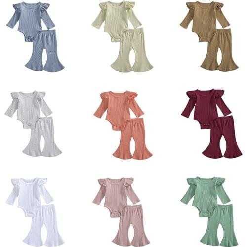 0-24M Infant Baby Girls Ribbed Clothes Set Ruffle Long Sleeve Romper Bodysuit + Elastic Band Bell-Bottom Long Pants 2PCS Set