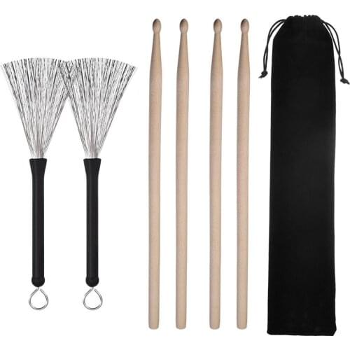Drum Accessories Set Kit Containing Retractable Wire Brushes 5A Maple Wood Drumsticks Mallets Carrying Bag Percussion Instrument