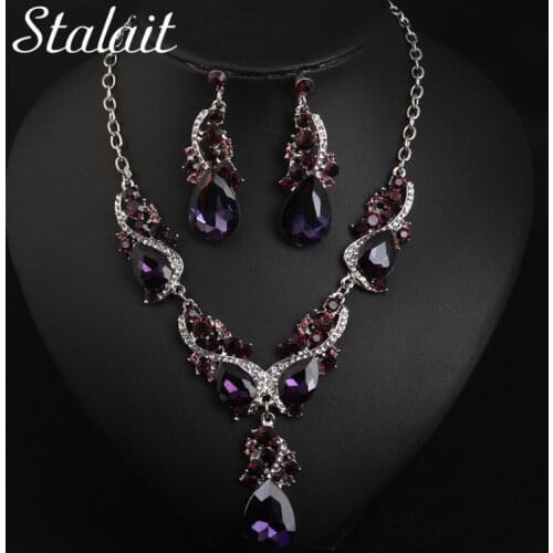 Wedding Jewelry Crystal Bridal Gift Horn Metal Full Rhinestone Choker Pendant Necklace Earrings Set Silver Color Link Chain