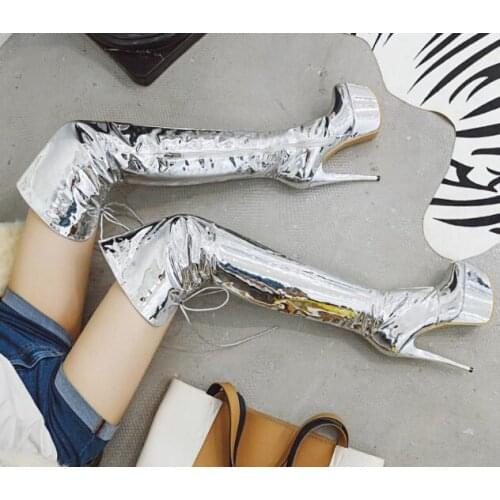 New Girls Pink Gold Sliver Patent Leather 55 mm Platform Over The Knee Boots Woman 14 cm Stiletto Heels Thigh Lace Up Boots