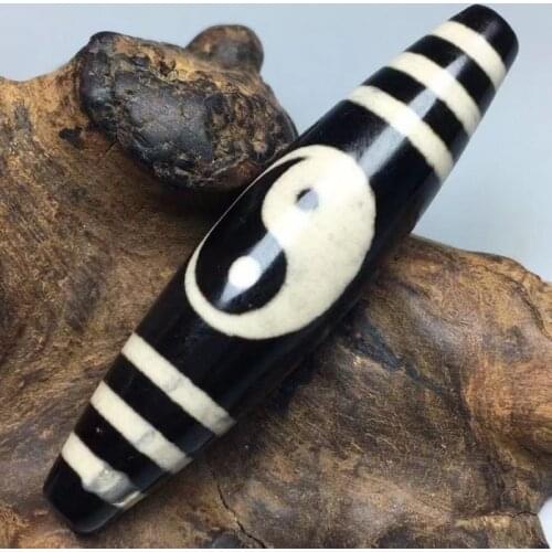 Nature Tibetan Dzi Bead Pendant Amulet Thread Vein Magical Tai Chi diagram Rare Churinga