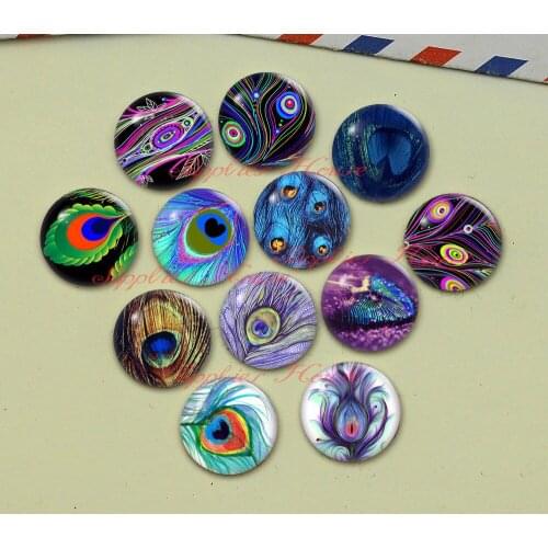 Handmade Round Peacock feathers photo glass Cabochons, Jewelry Finding Cameo Pendant Settings, (F056-614)
