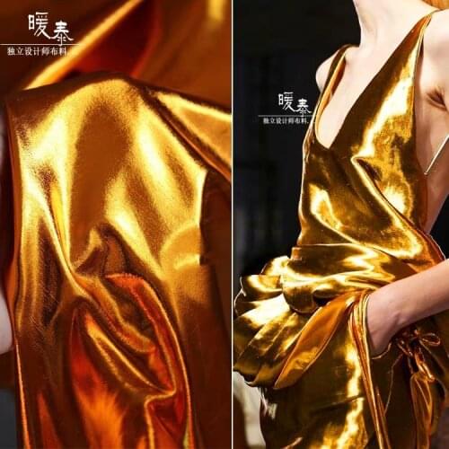 Coated Stretch Imitation Leather Fabric Gold Mirror Slight Elastic DIY Background Decor Coat Leggings Dress Designer Fabric