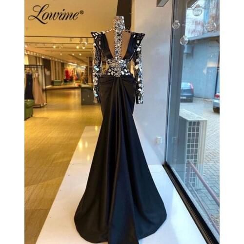 Black Crystals Evening Dresses Long Sleeves Dubai Formal Evening Gowns Plus Size Mermaid Party Dress African Arabic Prom Dresses