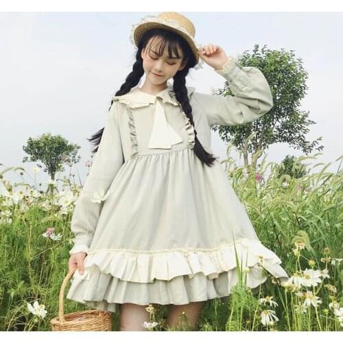 Japanese college style sweet lolita dress vintage lace bowknot high waist victorian dress kawaii girl gothic lolita op loli cos