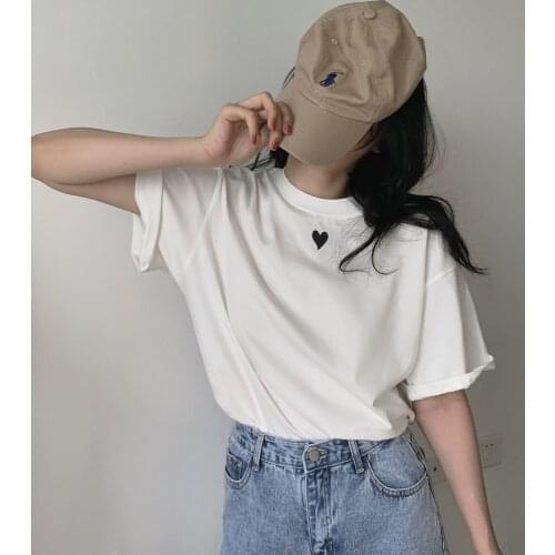 Fashion love t-shirt women 2021 summer new round neck white bottoming shirt short-sleeved loose mid-length tops