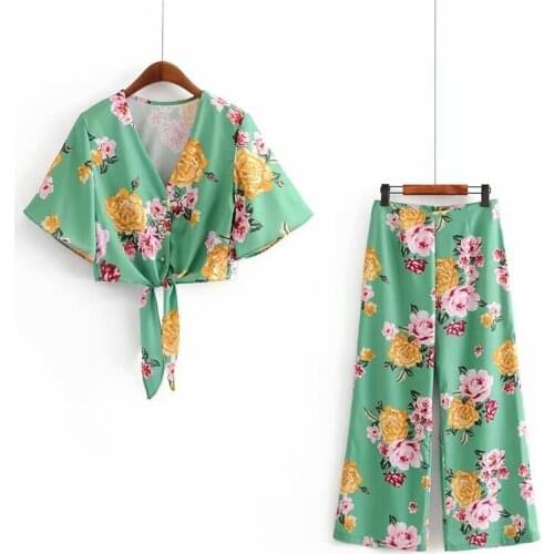 Set female 2019 summer new slim short print casual shirt fashion loose wide leg pants temperament wild womens two-piece